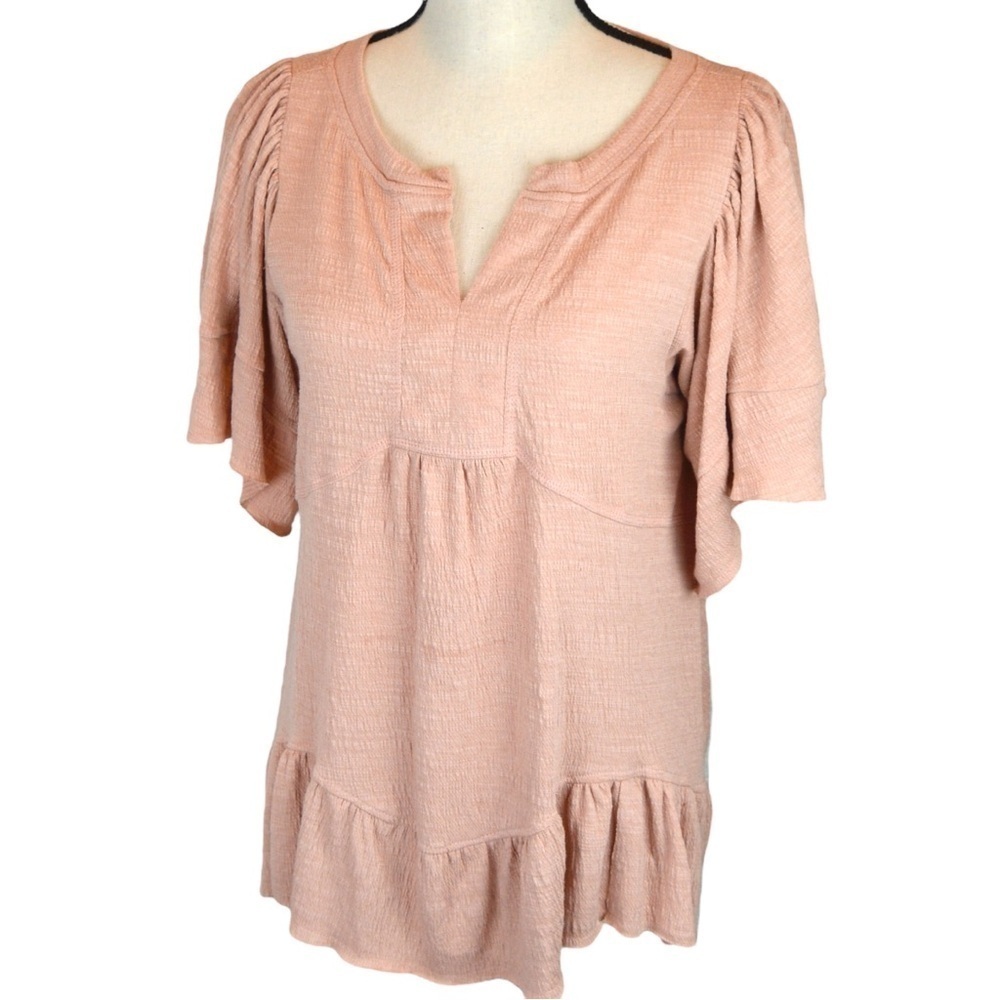 GiGio USA Flouncy Butterfly Sleeve Oversized Split V Neck Top, Size Small